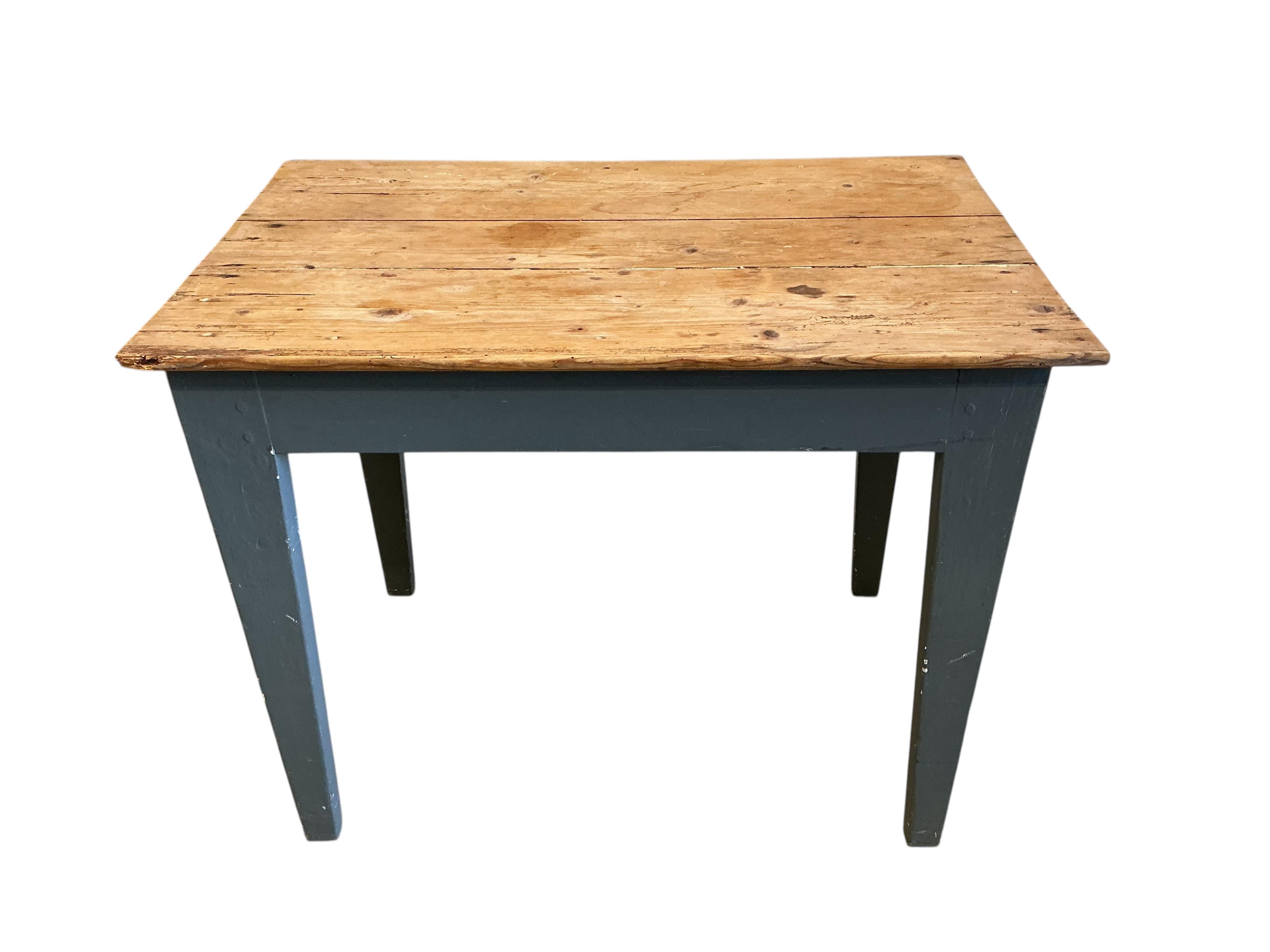A small Victorian rectangular painted pine table, width 81cm, depth 50cm, height 65cm, together with a pine plate rack